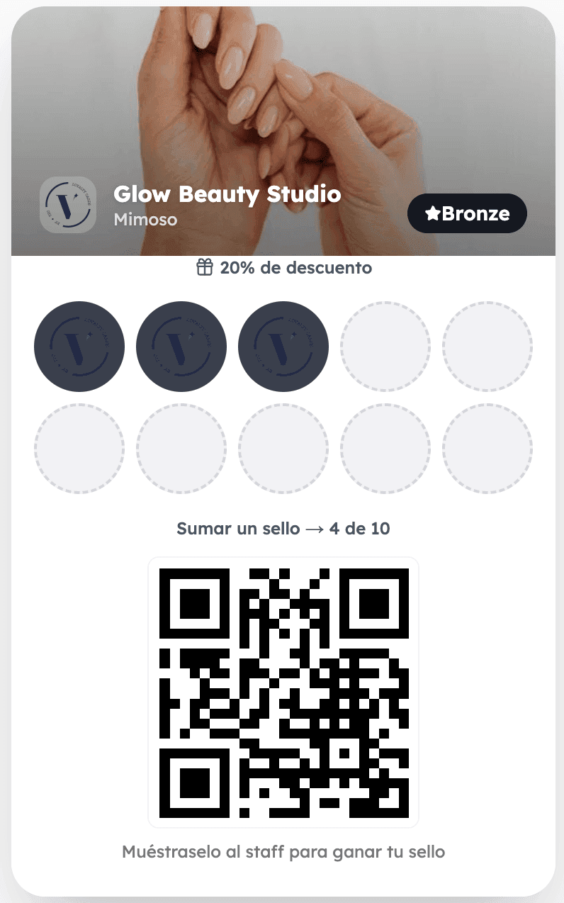 Tarjeta de lealtad digital de un cliente, con sus sellos acumulados y su código QR