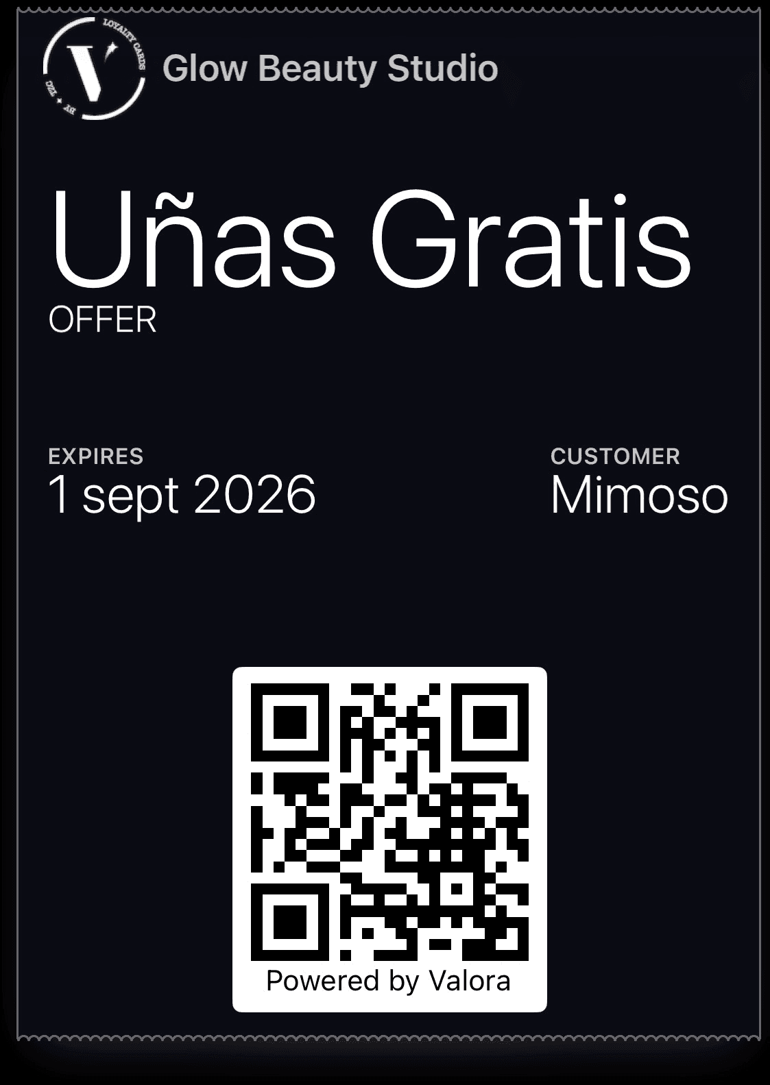 Cupón de Uñas Gratis en Apple Wallet, con fecha de vencimiento, nombre del cliente y código QR